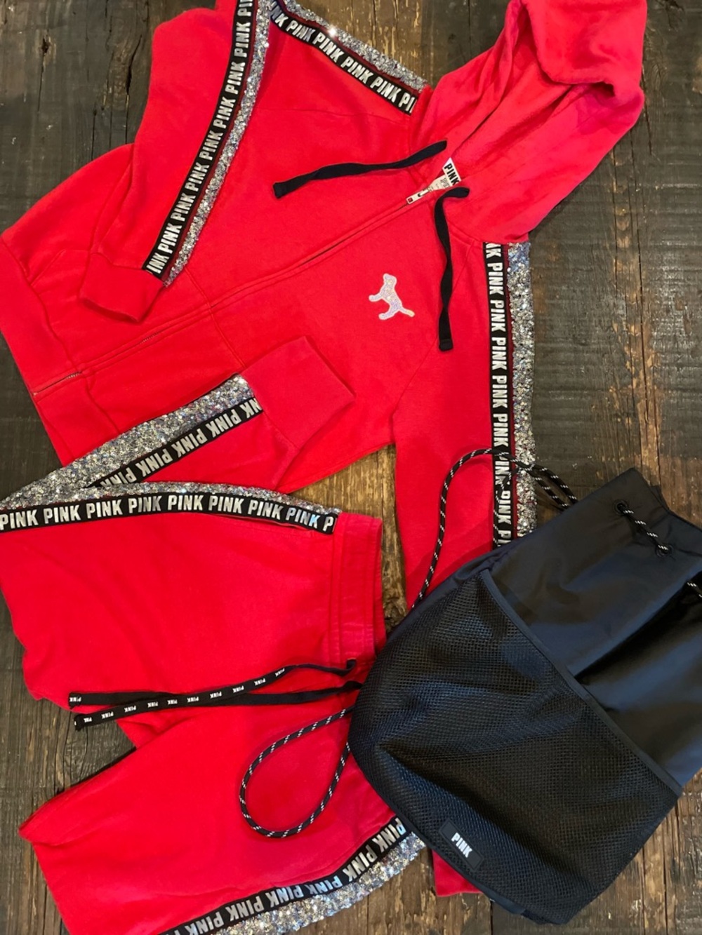 PINK Victoria's Secret Bling Y2K Women’s Small Hoodie Joggers And Backpack SET